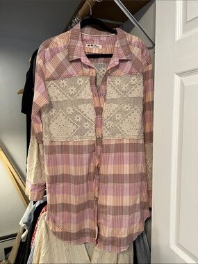 Free People Pink and Beige Plaid Button-Down with Crochet Panels - Never worn